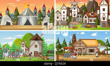 Set of different scene medieval illustration Stock Vector