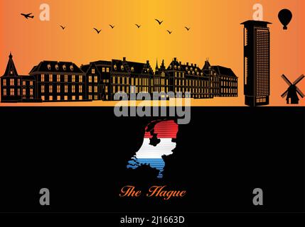 Hague city skyline silhouette - illustration,  Town in Orange background,  Map of Netherlands Stock Vector