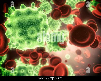 Under attack. Microscopic view of bacteria attacking healthy cells in the human body. Stock Photo