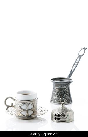 Turkish Coffee with Ibrik Isolated on White Stock Photo