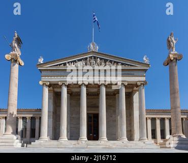 Greece Academy of Athens. National research academy neoclassical building main entrance, major landmark at the city center. Stock Photo