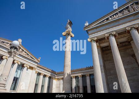 Greece Academy of Athens. National research institute main building low angle. Athens major landmark at the city center. Stock Photo