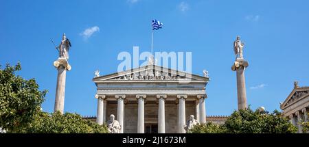 Greece Academy of Athens. National research academy neoclassical building main entrance, major landmark at the city center. Stock Photo