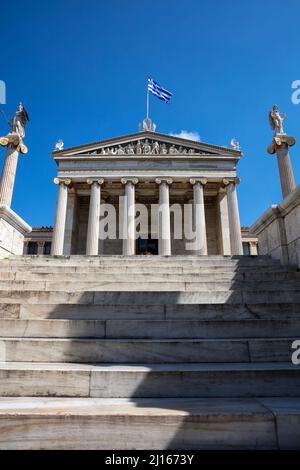 Greece Academy of Athens. main building and stairs, low angle view. National research institute, neoclassical building entrance, major landmark at the Stock Photo