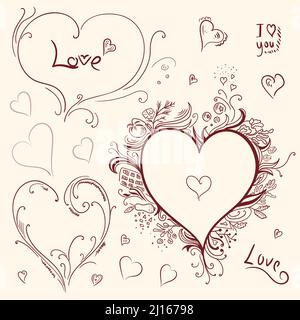 Doodle sketch style hearts set. Hand drawn collection of heart icons of ...