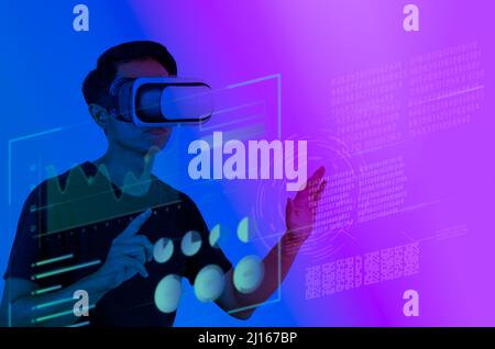 man wearing VR glasses touch virtual screen metaverse technology global internet connection virtual social network. Stock Photo