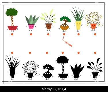 Childrens logic game find the right shadow, cute cartoon flower in a kawaii pot. Stock Vector