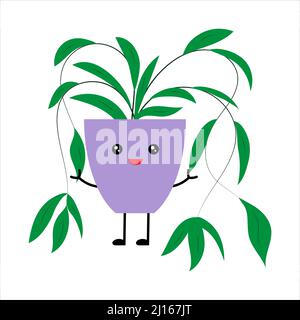 Cute cartoon kawaii plant in a pot. A plant with long hanging leaves. Stock Vector