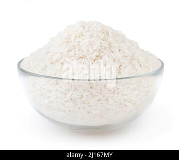 Uncooked white long-grain rice in glass bowl with clipping path Stock Photo