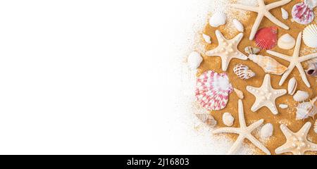 Starfish and seashells on the sand on a white background. The concept of vacation, travel. Top view, panorama. Stock Photo