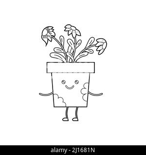 Coloring book for kids, cute cartoon flowers in a kawaii pot. Stock Vector