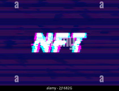 NFT nonfungible token text with glitch effect on purple background. Cryptocurrency, block chain concept illustration Stock Photo