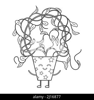 Coloring book for kids, cute cartoon flowers in a kawaii pot. Stock Vector