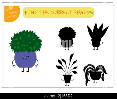 Childrens logic game find the right shadow, cute cartoon flower in a kawaii pot. Stock Vector