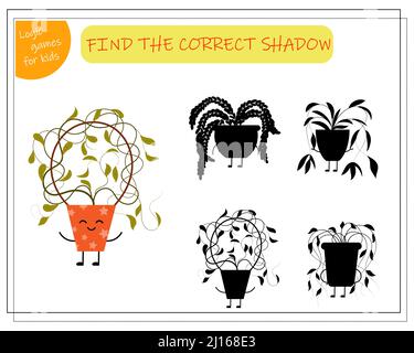 Childrens logic game find the right shadow, cute cartoon flower in a kawaii pot. Stock Vector
