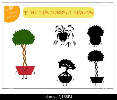 Childrens logic game find the right shadow, cute cartoon flower in a kawaii pot. Stock Vector