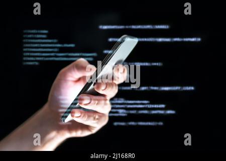 Data hacker or catfish using sms texting. Text message phone fraud or scam. Online chatbot or tech support forum. Secret darkweb conversation. Stock Photo