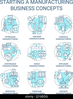 Starting manufacturing business turquoise concept icons set Stock Vector