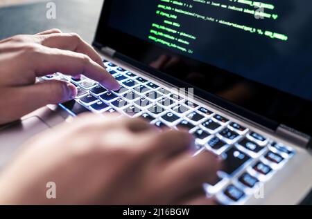 Hacker code in laptop. Cyber security, privacy or hack threat. Coder or programmer writing virus software, malware, internet attack. Stock Photo