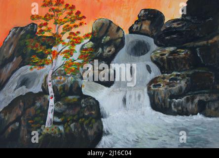 Oil painting on canvas of one tree with autumn leaves growing in rocky crag of the rock by a cascading waterfall Stock Photo