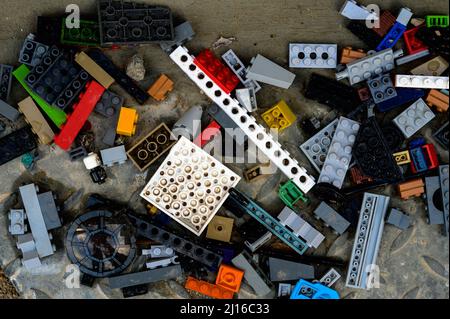 Multi-colored plastic construction set. Children's educational games. View from above. Stock Photo