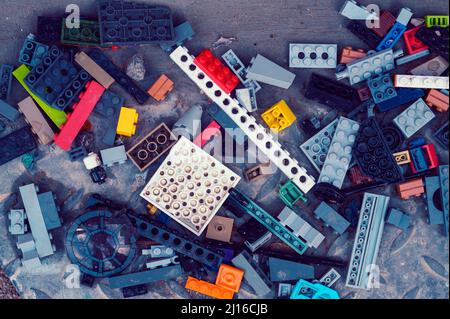 Multi-colored plastic construction set. Children's educational games. View from above. Stock Photo