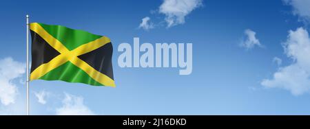 Jamaica flag, three dimensional render, isolated on a blue sky. Horizontal banner. 3D illustration Stock Photo