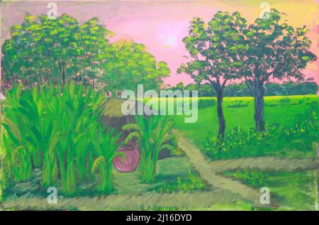 Oil painting on canvas of sunset or sunrise over farm fields of rural Thai village Stock Photo