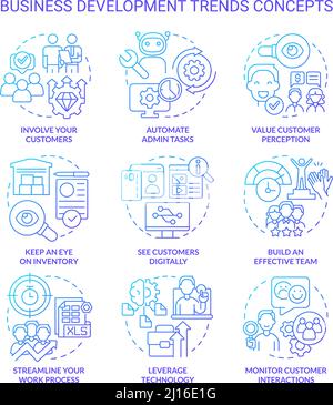 Business development trends blue gradient concept icons set Stock Vector