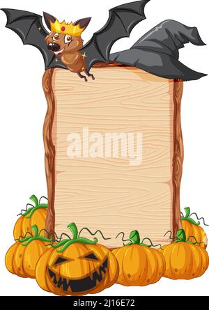 Blank wooden signboard with bat in halloween theme illustration Stock Vector