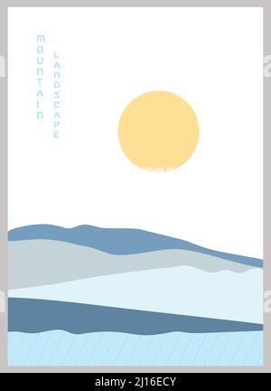 Abstract mountain landscape poster in blue colors. Geometric landscape background in asian japanese style. Stock Vector