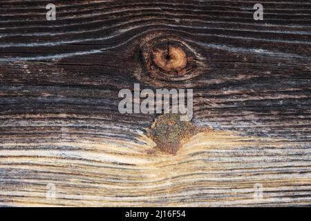 The surface of an old, brown, wooden board with a place from the branch, similar to the eye angle, texture Stock Photo