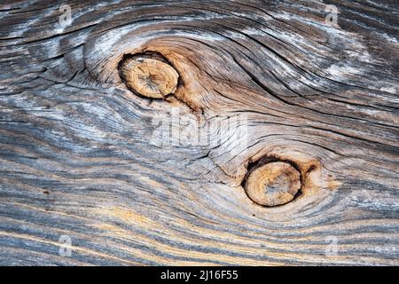 The surface of an old, brown, wooden board with a place from the branch, similar to the eye angle, texture. Stock Photo