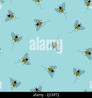 Bee seamless vector background. Repeating pattern with bumblebees on a blue background. Summer bees animal backdrop. Use for fabric, wallpaper Stock Vector