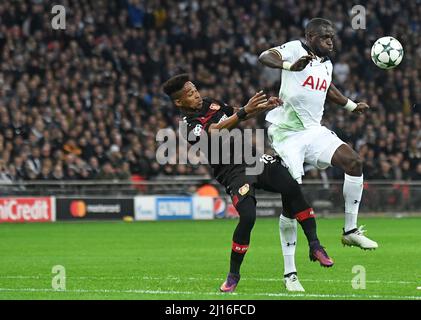 LONDON, ENGLAND - NOVEMBER 2, 2016: Wendell (L) of Leverkusen and Moussa Sissoko (R) of Tottenham pictured in action during the UEFA Champions League Group E game between Tottenham Hotspur and Bayern Leverkusen at Wembley Stadium. Copyright: Cosmin Iftode/Picstaff Stock Photo