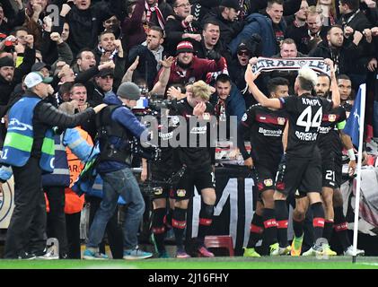 LONDON, ENGLAND - NOVEMBER 2, 2016: Leverkusen players celebrate with the fans after a goal scored during the UEFA Champions League Group E game between Tottenham Hotspur and Bayern Leverkusen at Wembley Stadium. Copyright: Cosmin Iftode/Picstaff Stock Photo