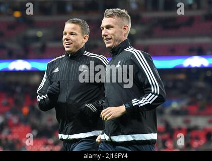 LONDON, ENGLAND - NOVEMBER 2, 2016: Assistant referees warm up prior to the UEFA Champions League Group E game between Tottenham Hotspur and Bayern Leverkusen at Wembley Stadium. Copyright: Cosmin Iftode/Picstaff Stock Photo
