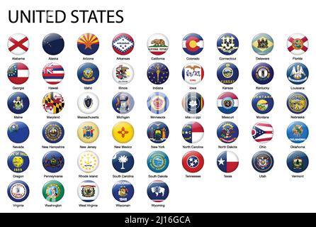 all Flags of states of United States. Glossy button flag design Stock Vector