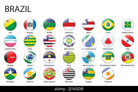 all Flags of states of Brazil. Glossy button flag design Stock Vector