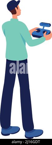 Man using using remote control for drone semi flat color vector character Stock Vector