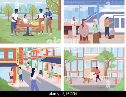 Life in modern city flat color vector illustration set Stock Vector