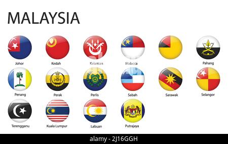 all Flags of regions of Malaysia. Glossy button flag design Stock Vector