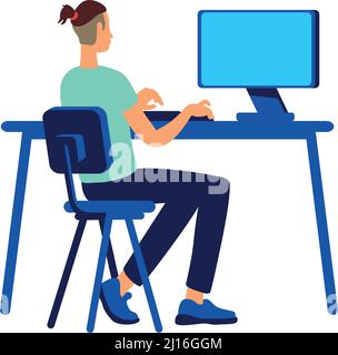 Young man working on computer semi flat color vector character Stock Vector