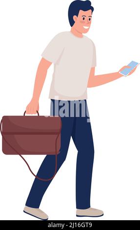 Smiling man with leather handbag and smartphone semi flat color vector character Stock Vector