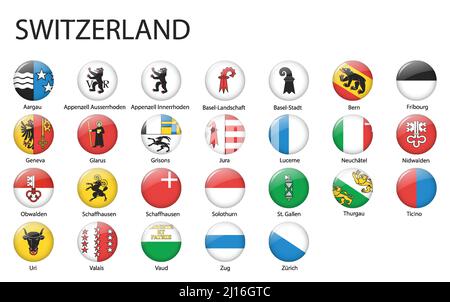 all Flags of regions of Switzerland. Glossy button flag design Stock Vector