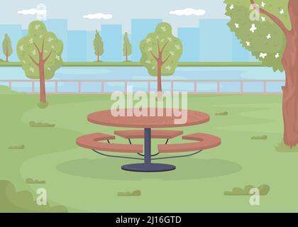 Picnic table surrounded by residential green space flat color vector illustration Stock Vector