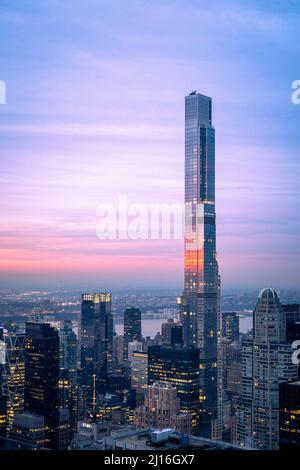 Reflection of Sunset on a New York City building Stock Photo