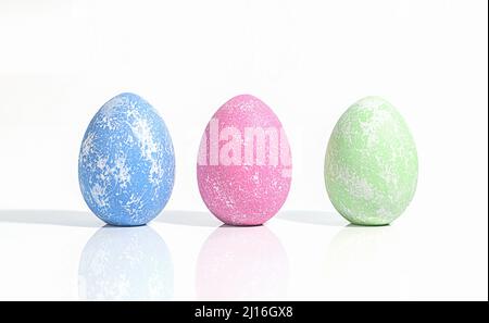 Easter blue, pink and green colored decorated eggs stand in a row on white background. with reflection. Minimal easter concept. Happy Easter card with Stock Photo