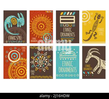 Set of ethnic banner, background, flyer, placard with tribal ornaments of red, yellow, blue and brown colors. Vertical vector poster, template card, s Stock Vector