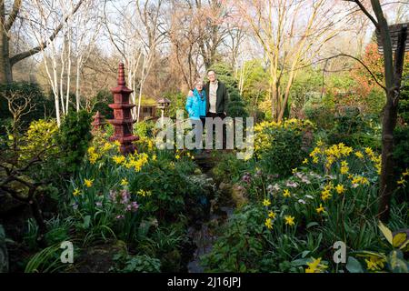 Retired couple Tony and Marie Newton in their Four Seasons garden as spring begins at their home in Walsall, West Midlands. Picture date: Wednesday March 23, 2022. Stock Photo